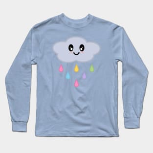 Kawaii Cute Rainbow Raindrop Rain Cloud in Blue Long Sleeve T-Shirt